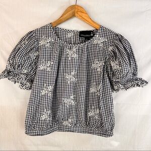 Broadway 38 Gingham Floral Embroidered Eyelet Crop Blouse Ruffle Sleeve Womens S